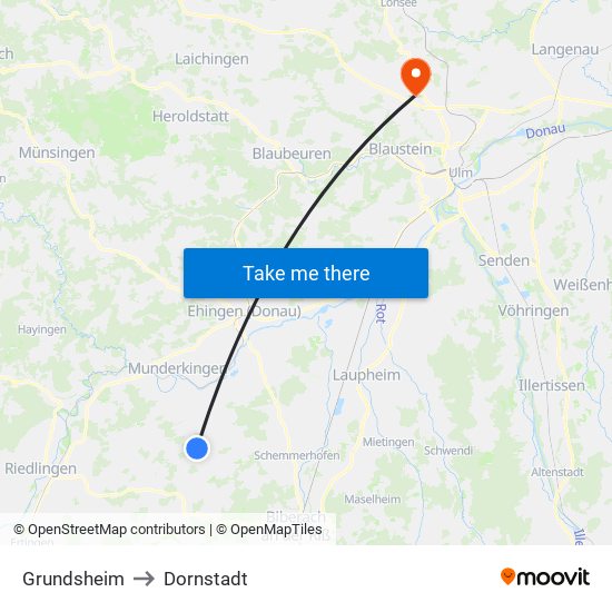 Grundsheim to Dornstadt map