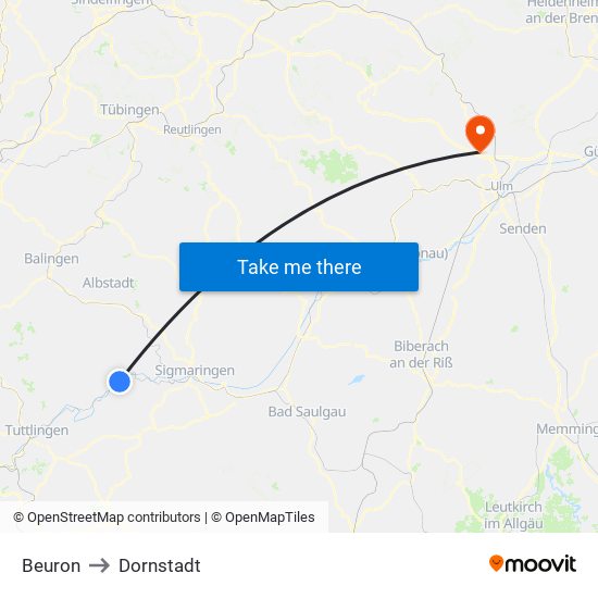 Beuron to Dornstadt map