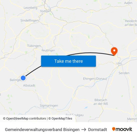 Gemeindeverwaltungsverband Bisingen to Dornstadt map