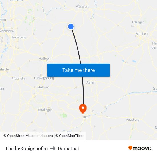 Lauda-Königshofen to Dornstadt map