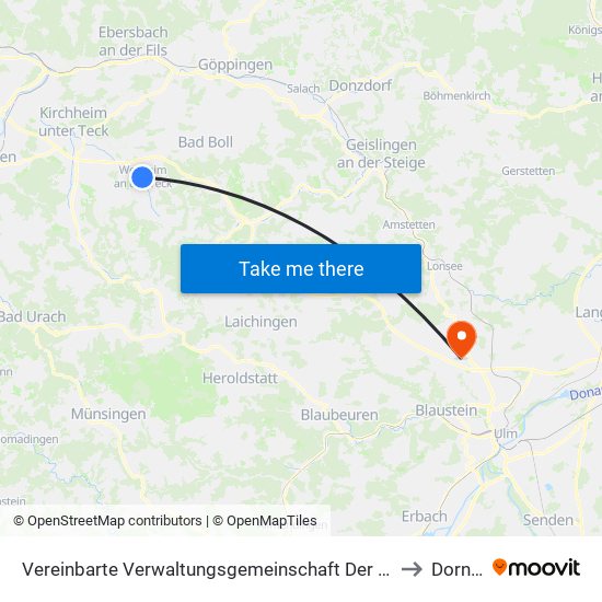 Vereinbarte Verwaltungsgemeinschaft Der Stadt Weilheim An Der Teck to Dornstadt map