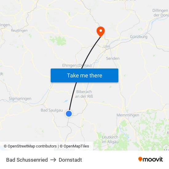 Bad Schussenried to Dornstadt map