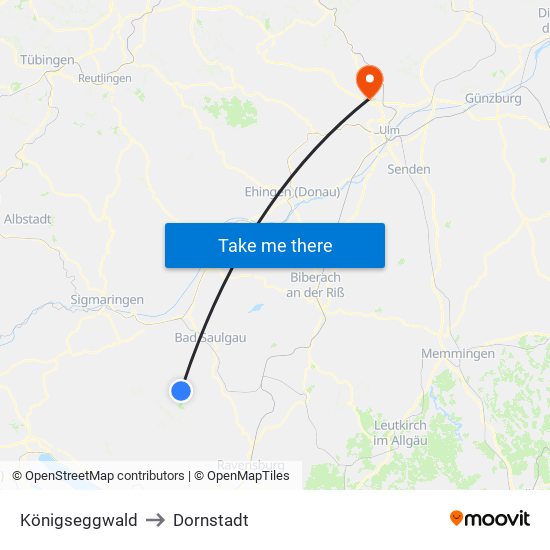 Königseggwald to Dornstadt map