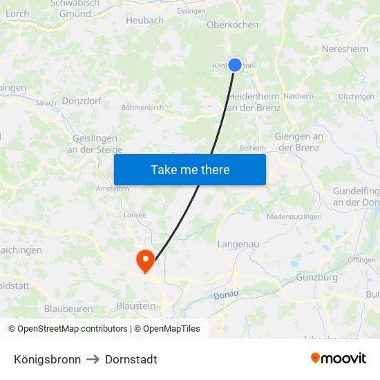 Königsbronn to Dornstadt map