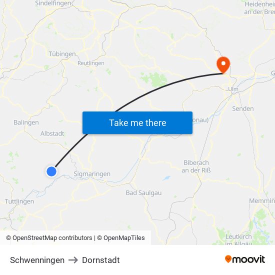 Schwenningen to Dornstadt map