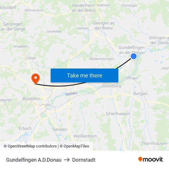 Gundelfingen A.D.Donau to Dornstadt map