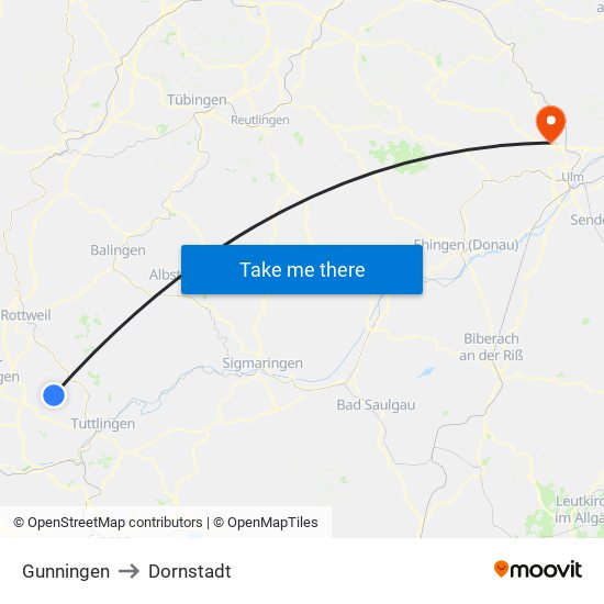 Gunningen to Dornstadt map