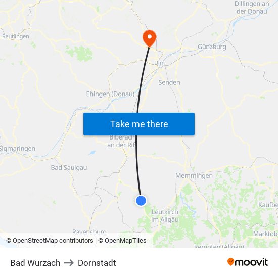 Bad Wurzach to Dornstadt map