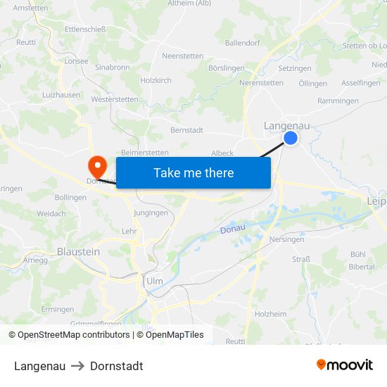Langenau to Dornstadt map