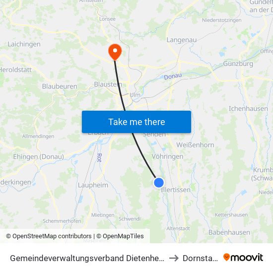 Gemeindeverwaltungsverband Dietenheim to Dornstadt map