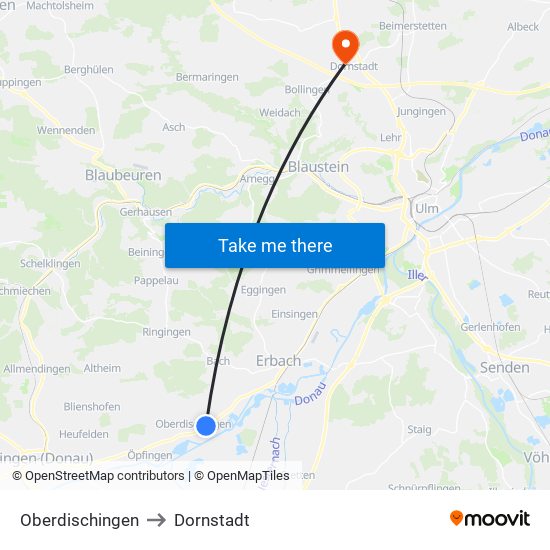 Oberdischingen to Dornstadt map