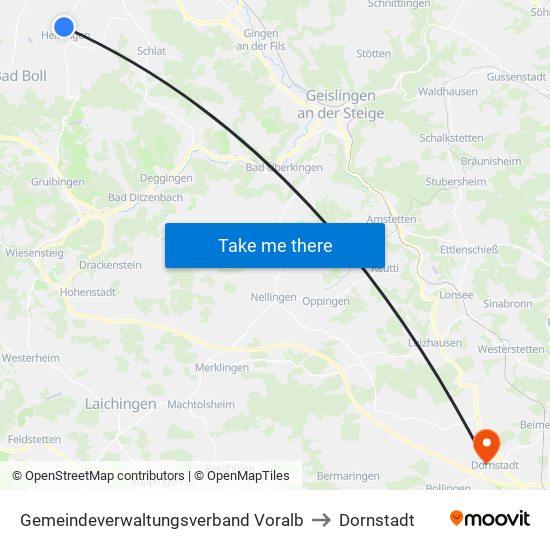 Gemeindeverwaltungsverband Voralb to Dornstadt map