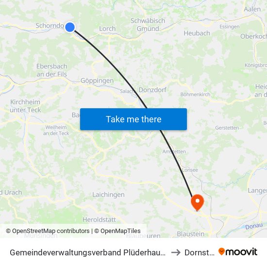 Gemeindeverwaltungsverband Plüderhausen-Urbach to Dornstadt map
