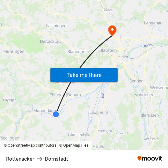 Rottenacker to Dornstadt map