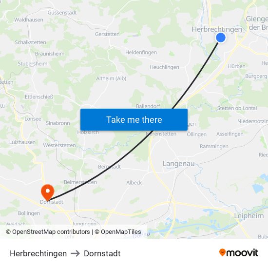 Herbrechtingen to Dornstadt map