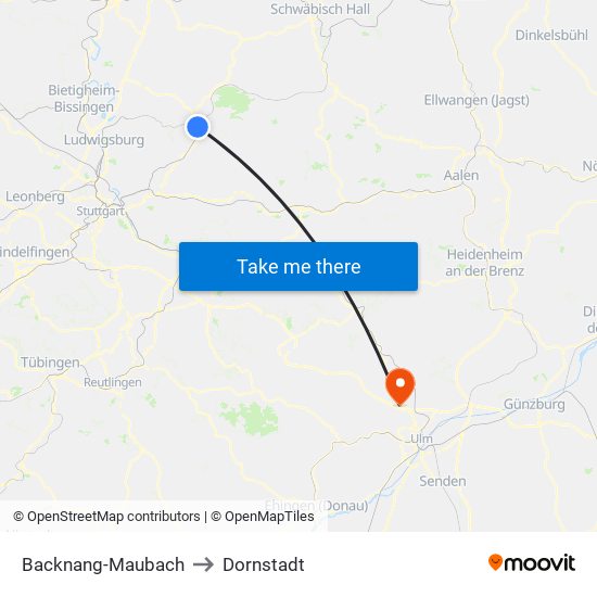 Backnang-Maubach to Dornstadt map