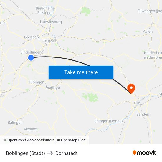 Böblingen (Stadt) to Dornstadt map