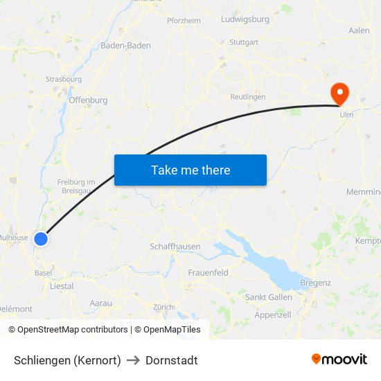 Schliengen (Kernort) to Dornstadt map