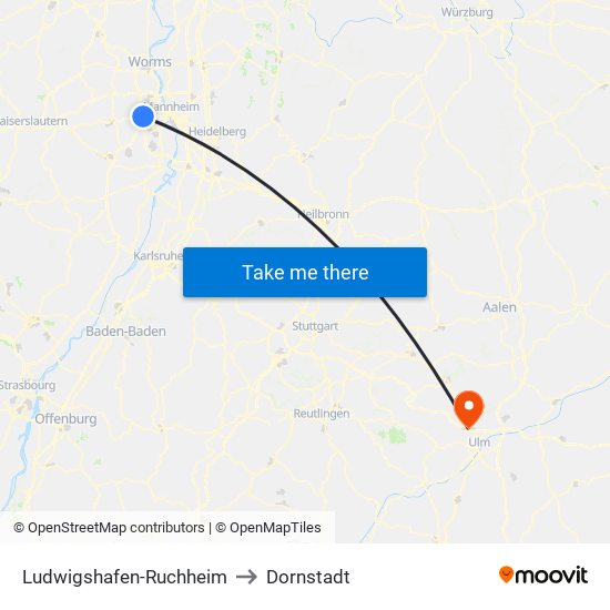 Ludwigshafen-Ruchheim to Dornstadt map