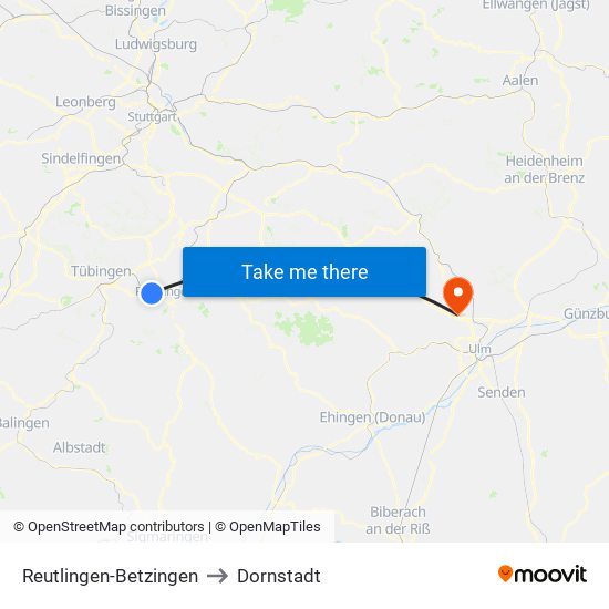 Reutlingen-Betzingen to Dornstadt map