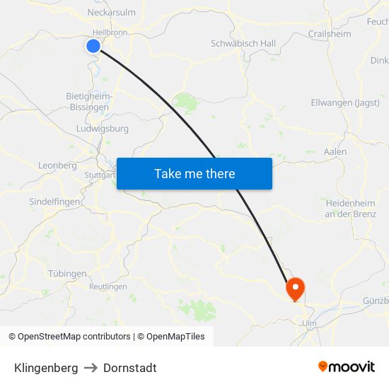 Klingenberg to Dornstadt map