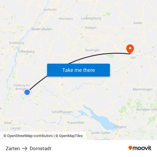 Zarten to Dornstadt map