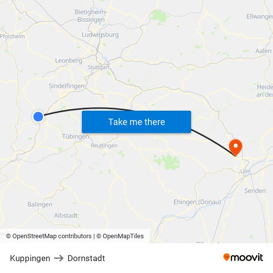 Kuppingen to Dornstadt map