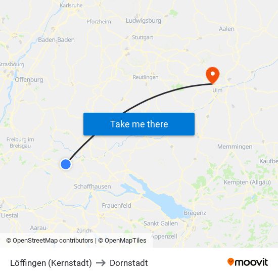 Löffingen (Kernstadt) to Dornstadt map