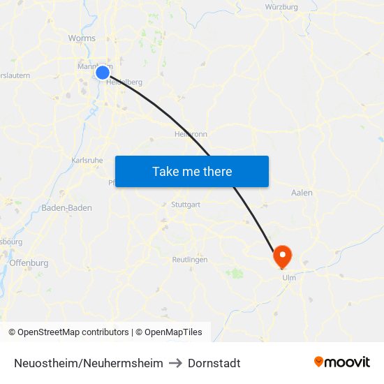 Neuostheim/Neuhermsheim to Dornstadt map