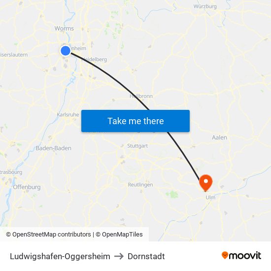 Ludwigshafen-Oggersheim to Dornstadt map