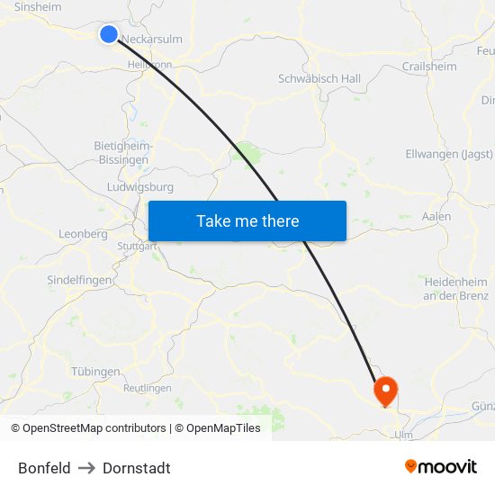 Bonfeld to Dornstadt map