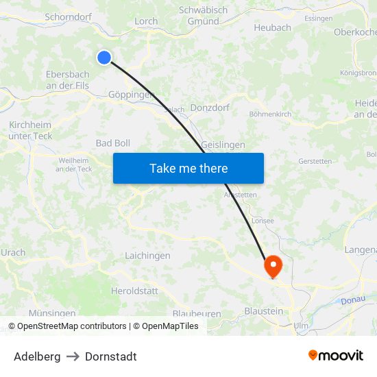 Adelberg to Dornstadt map