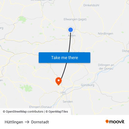 Hüttlingen to Dornstadt map