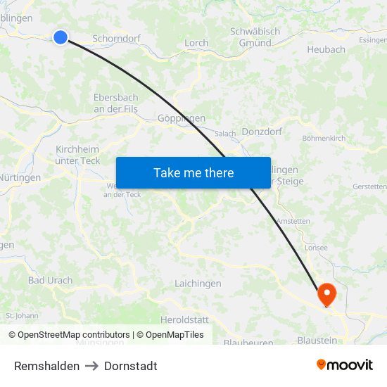 Remshalden to Dornstadt map