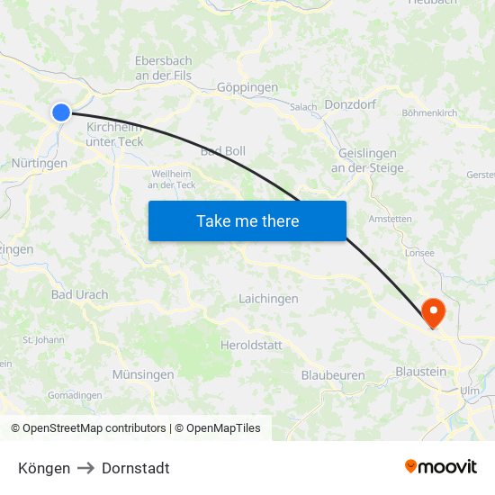 Köngen to Dornstadt map