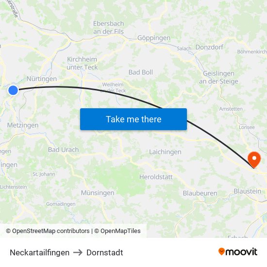 Neckartailfingen to Dornstadt map