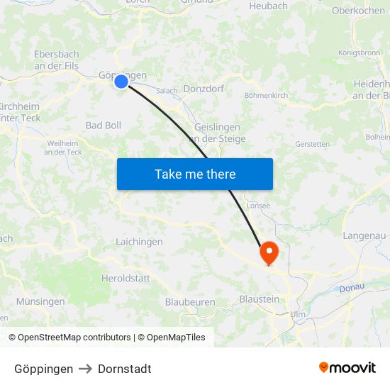 Göppingen to Dornstadt map