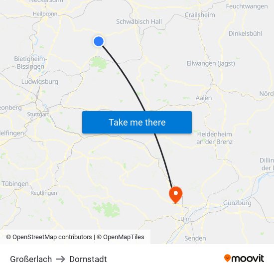 Großerlach to Dornstadt map