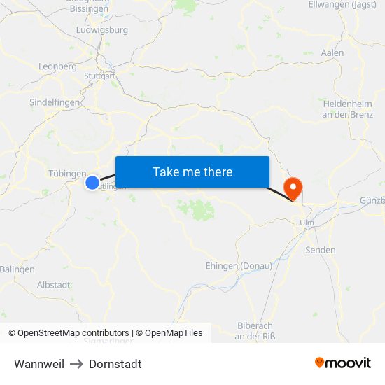 Wannweil to Dornstadt map