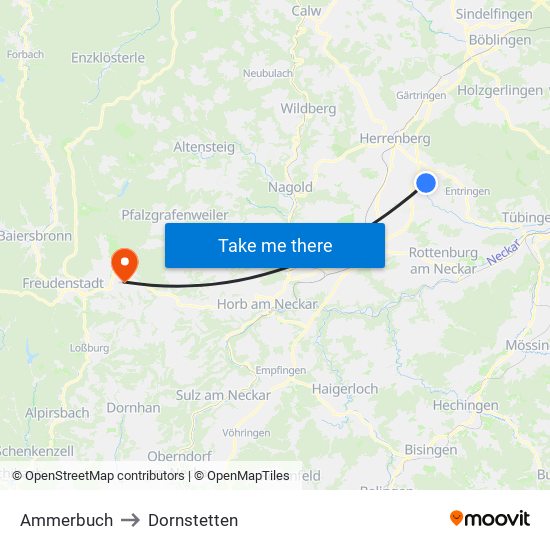 Ammerbuch to Dornstetten map