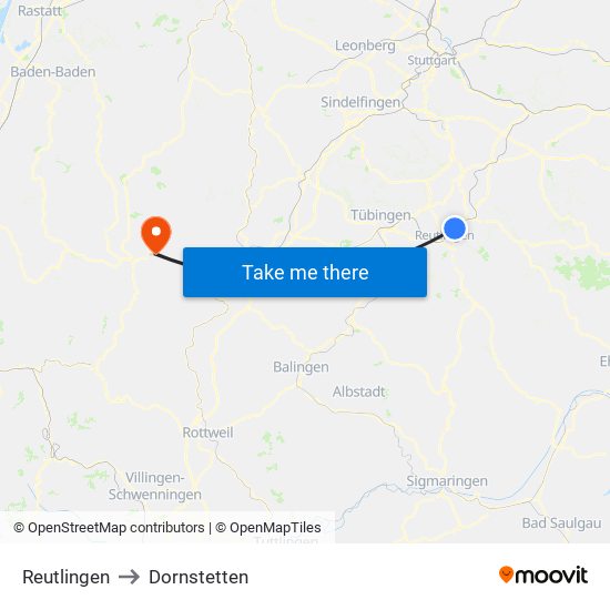 Reutlingen to Dornstetten map