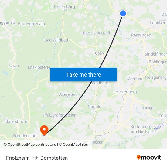 Friolzheim to Dornstetten map