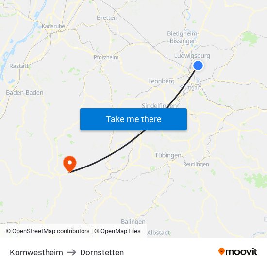 Kornwestheim to Dornstetten map