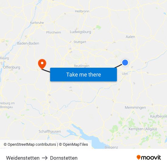 Weidenstetten to Dornstetten map