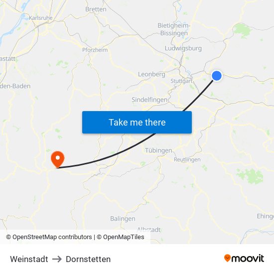 Weinstadt to Dornstetten map