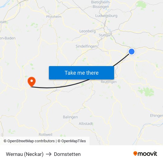 Wernau (Neckar) to Dornstetten map