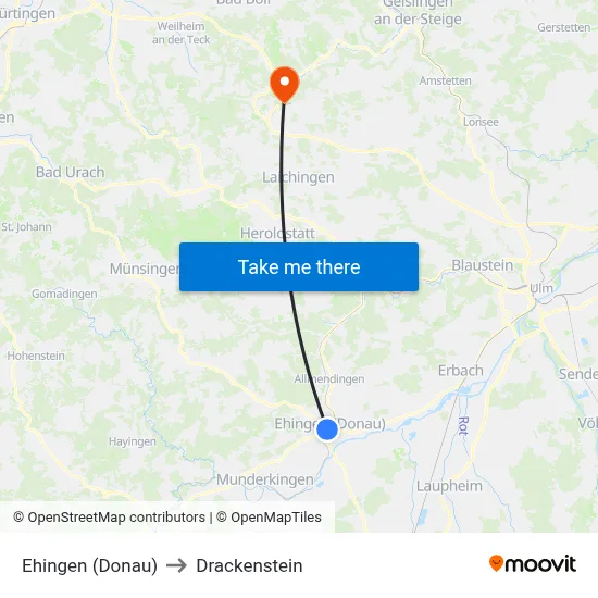 Ehingen (Donau) to Drackenstein map