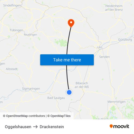 Oggelshausen to Drackenstein map