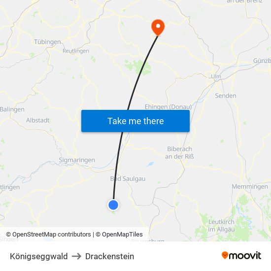 Königseggwald to Drackenstein map