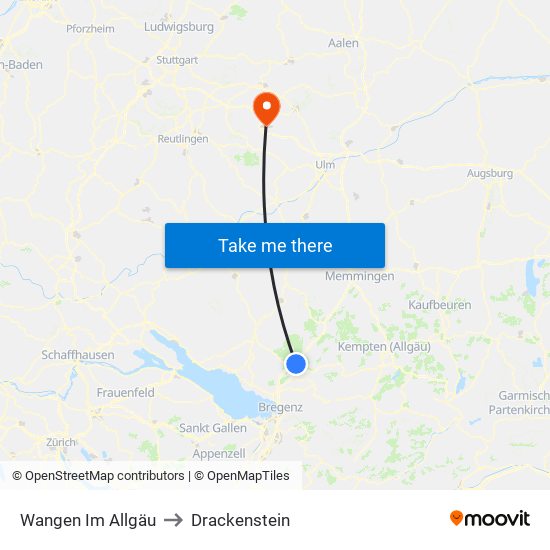 Wangen Im Allgäu to Drackenstein map